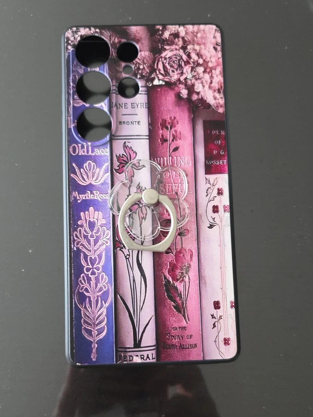 Pink Floral Vintage Books Phone Case with Silver Ring Grip